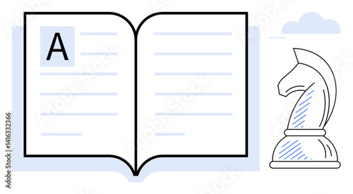 Open book with large visible text alongside a chess knight, combining learning and strategic thinking. Ideal for education, strategy, creativity, planning, decision-making, knowledge, innovation