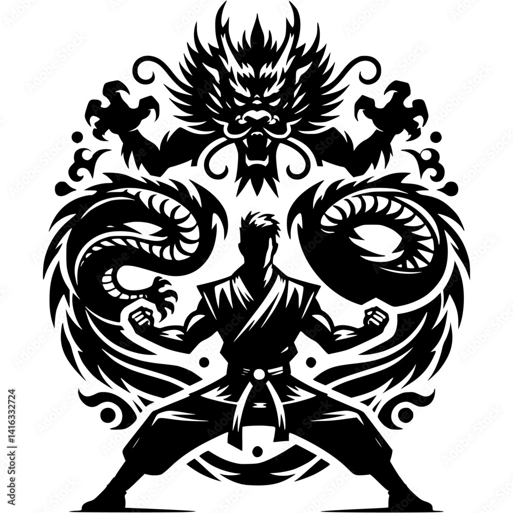 Sport emblem of kung fu master charged with dragon energy in monochrome. Engraving minimalistic vector in black ink drawing on transparent background