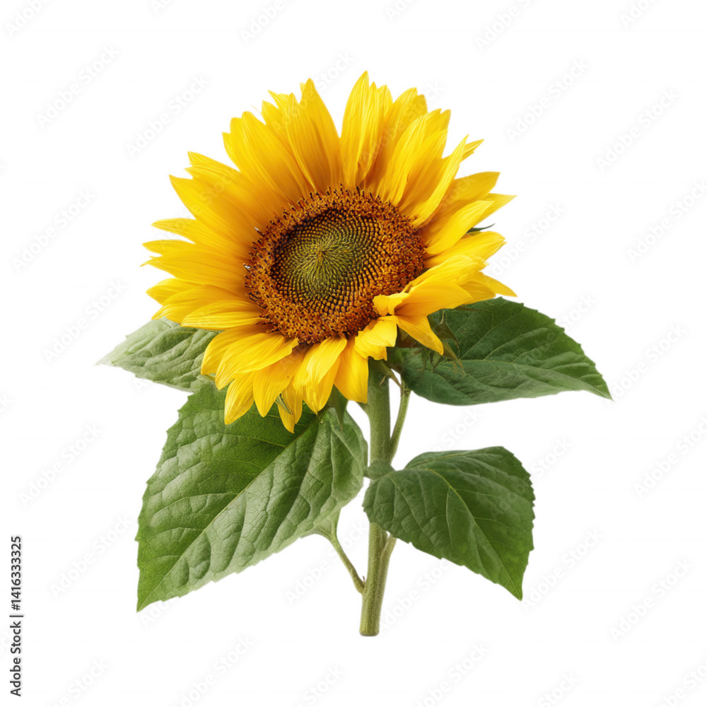 Naklejka premium Sunflower Head Bloom with yellow petals and dark middle Isolated Transparent Background