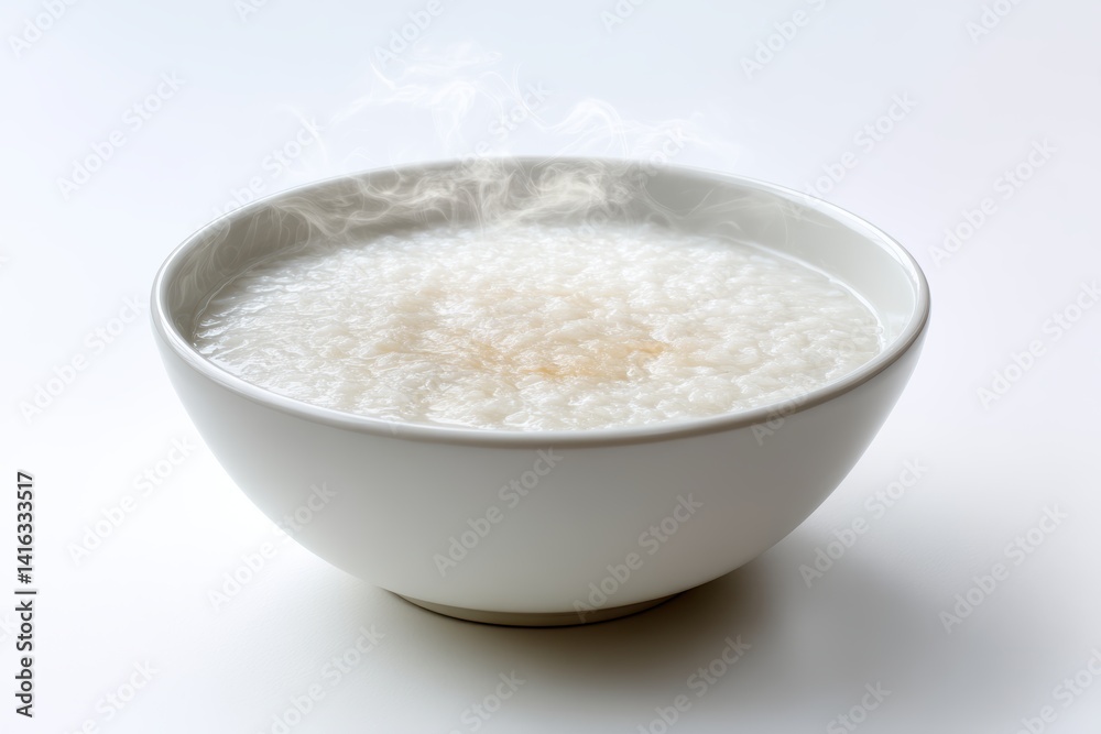 Comforting warm congee in a white bowl emitting steam perfect for healthy breakfast and soft food diet Comforting warm congee in a white bowl emitting steam perfect for healthy breakfast and soft food diet