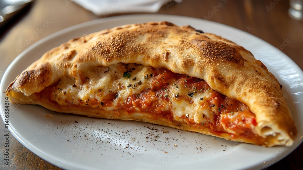 Delicious Calzone Filled With Cheese and Tomato Sauce Served at a Cozy Pizzeria During the Evening Delicious Calzone Filled With Cheese and Tomato Sauce Served at a Cozy Pizzeria During the Evening