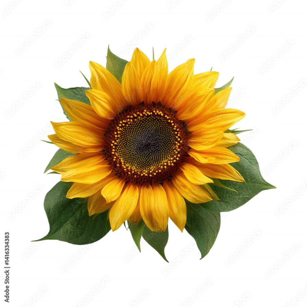 Fototapeta premium Sunflower Head Bloom with yellow petals and dark middle Isolated Transparent Background