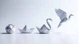 Origami Metamorphosis Crumpled Paper to Boat to Swan to Flying Bird Transformation, White Background, Growth Concept