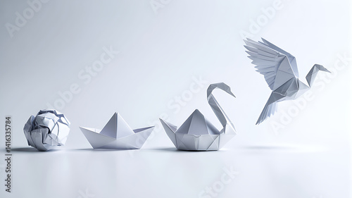 Origami Metamorphosis Crumpled Paper to Boat to Swan to Flying Bird Transformation, White Background, Growth Concept photo
