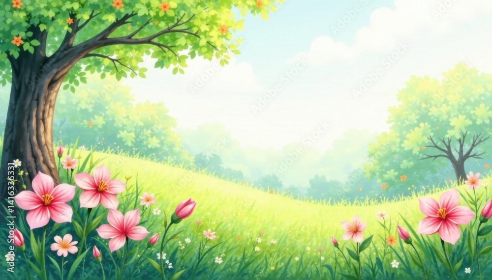 Obraz premium Pastel watercolor spring landscape with blooming flowers and lush greenery, outdoor, nature, sunny days
