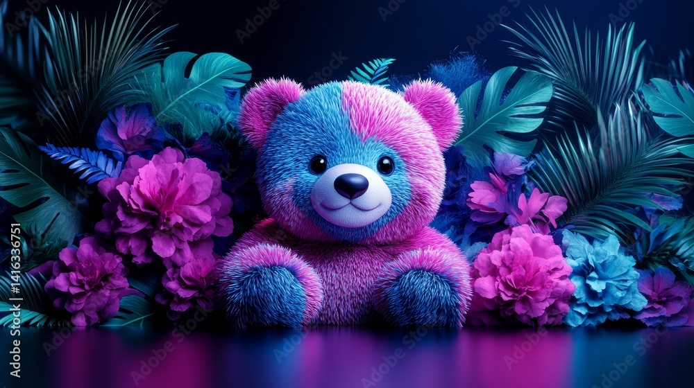 Fototapeta premium Surreal plush bear amid luminous foliage in a vibrant dreamscape featuring shades of radiant blue, magenta and turquoise fantasy art for imaginative minds