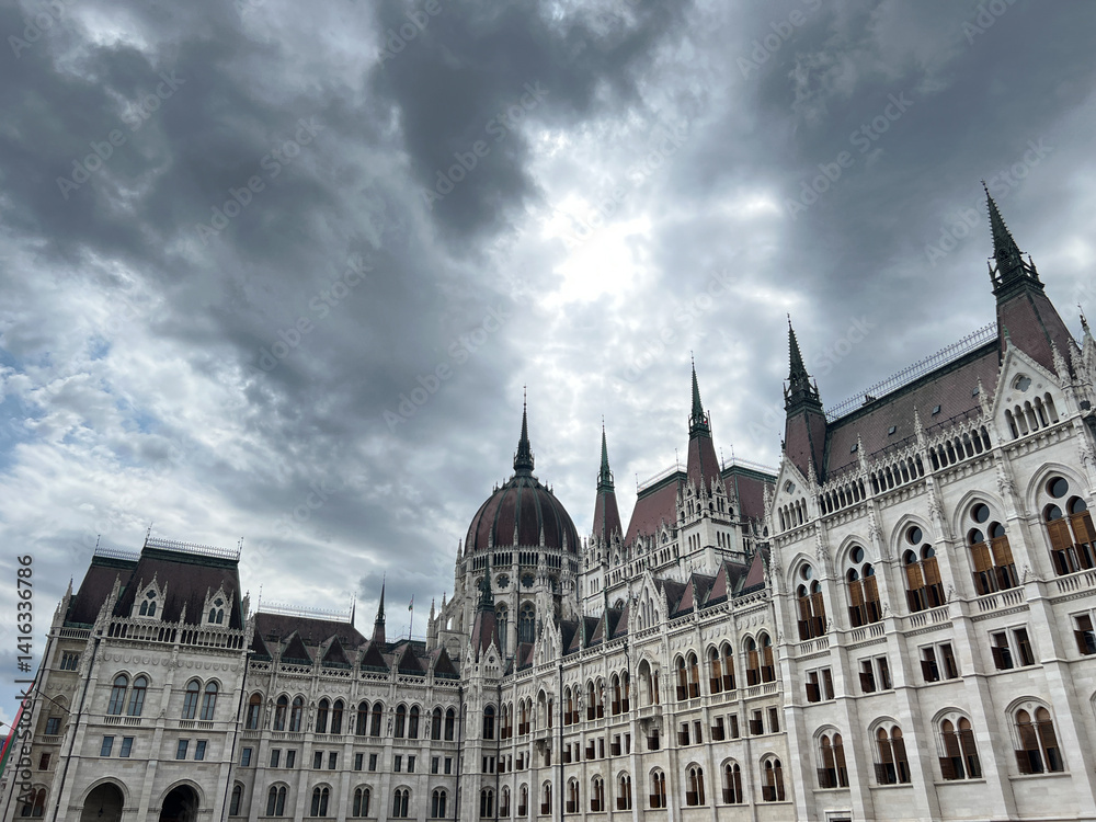 Obraz premium Majestic Hungarian Parliament Building Under Dramatic Skies