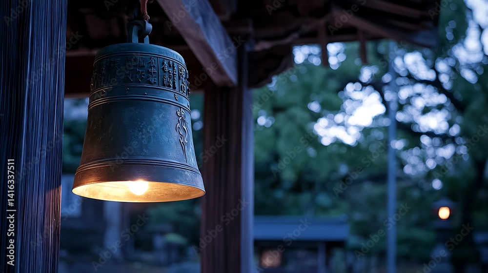 Obraz premium Illuminated bronze temple bell at dusk.
