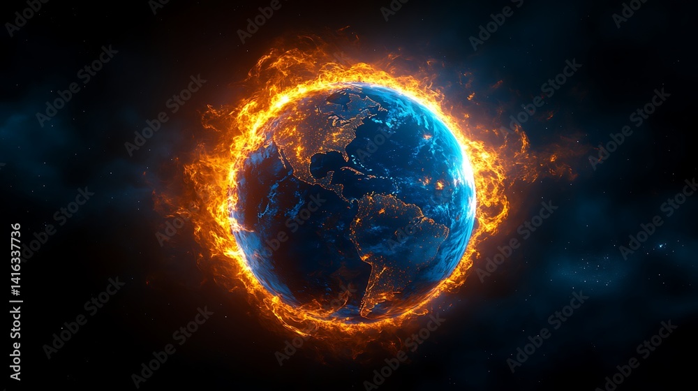 Fiery Globe Symbolizing Global Warming, A fiery globe with glowing continents, symbolizing global warming Fiery Globe Symbolizing Global Warming, A fiery globe with glowing continents, symbolizing global warming