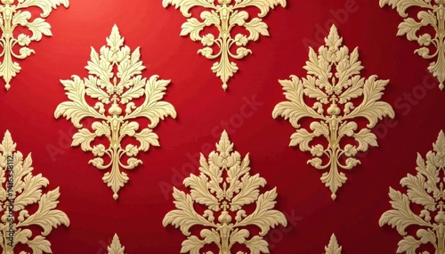 Red damask pattern with cream-colored floral motifs and gold trim on large scale wallpaper, gold accents, red color scheme