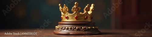 Regal golden crown atop ornate wooden pedestal, intricate carvings adorn the base , royalty, antique, regalia