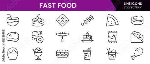Fast food web icon set in line style. Pizza, chips, burger, French fries, hot dog, and cola. Vector illustration web line icon collection.