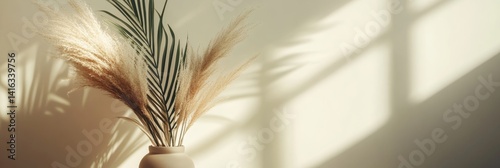 Boho chic floral arrangement in vase with soft lighting creating a calming minimalist scene against a neutral wall background