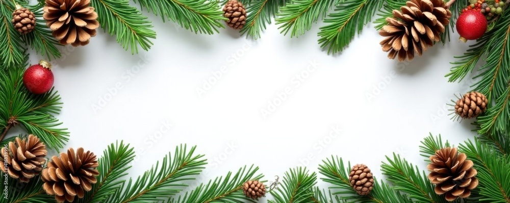 Rustic pine cones and fir branches in a seasonal border, fir, rustic