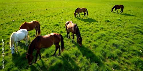 Top-down shot of herd of horses grazing in lush meadow on sunny day, Horses, Sunny, Animals