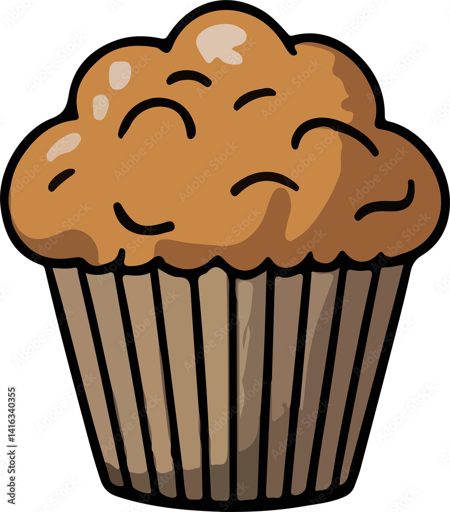 A simple, flat illustration of a golden brown muffin or cupcake in a brown and white striped paper liner. Sweet baked treat design. A simple, flat illustration of a golden brown muffin or cupcake in a brown and white striped paper liner. Sweet baked treat design.