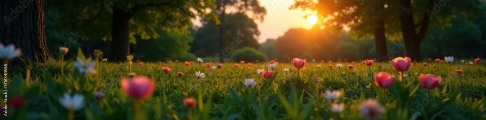 Scene of a serene garden at dusk with a few trees and flowers in focus, foliage, botanical Scene of a serene garden at dusk with a few trees and flowers in focus, foliage, botanical