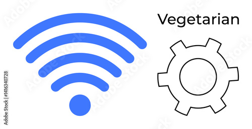 Blue wireless symbol, black gear icon, and Vegetarian text emphasize connectivity, settings, and lifestyle choices. Ideal for technology, customization, dietary preferences, network setup