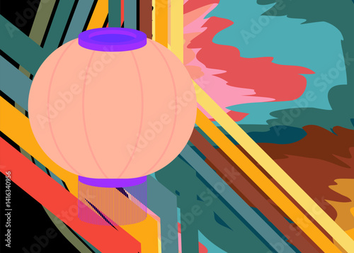 Retro 70s Background with Chinese lantern. Groovy Traditional 1970s art template. Minimalistic Vintage design poster. Old-fashioned color artwork.