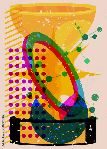 Risograph Trophy Cup with geometric shapes. Objects in trendy riso graph print texture style design with geometry elements.