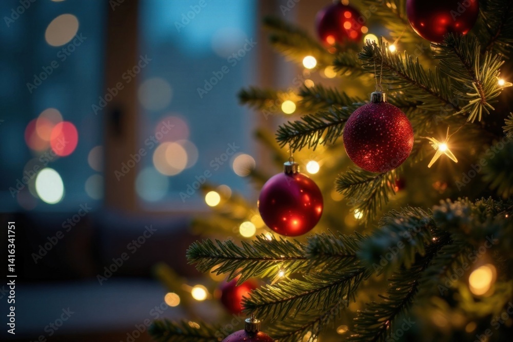 Obraz premium Shimmering Christmas tree with sparkling ornaments and twinkling lights amidst a blur of shiny reflections, christmas tree, baubles, ornate details