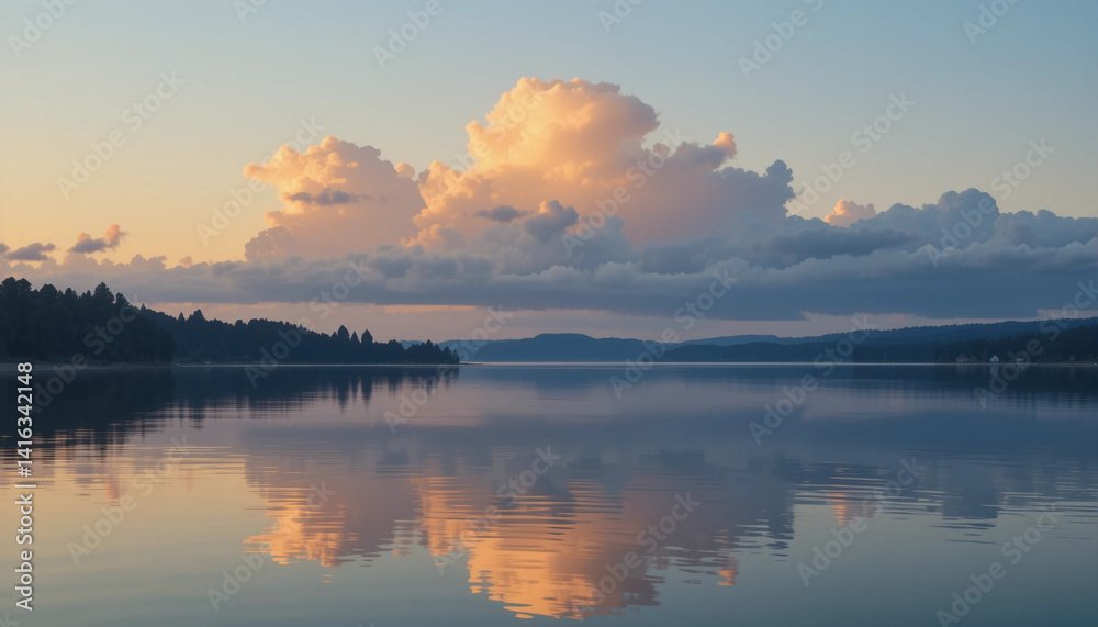 Serene Lake Sunset: A tranquil lake mirrors a breathtaking sunset, with fluffy clouds reflecting on its calm surface. The scene evokes peace and serenity, perfect for meditation or relaxation. Serene Lake Sunset: A tranquil lake mirrors a breathtaking sunset, with fluffy clouds reflecting on its calm surface. The scene evokes peace and serenity, perfect for meditation or relaxation.