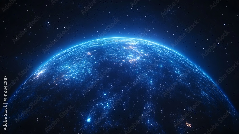 Obraz premium Glowing Digital Earth with Network Lines, A glowing digital representation of Earth with visible continents and network lines