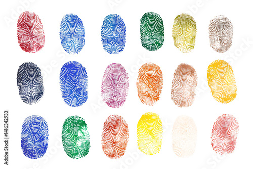 A vibrant collection of colorful fingerprints celebrating individuality and unique identities against a clean white background.