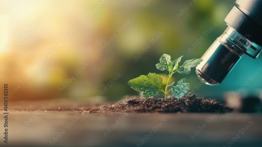 Researcher analyzes a small green plant under a microscope in a well-lit lab, focusing on the growth process and development
