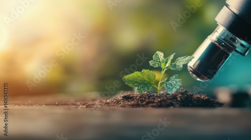 Obraz na płótnie Researcher analyzes a small green plant under a microscope in a well-lit lab, focusing on the growth process and development w salonie