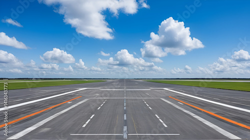 Wide view of an empty airport runway under a blue sky with clouds, ready for takeoff or landing in clear weather conditions.