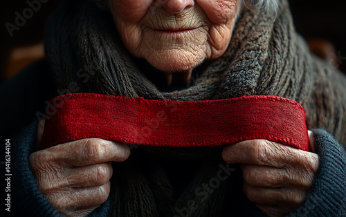 Close Up of Elderly Woman with Intense Gaze  Textured Sweater Emotional Portrait Life Experience
