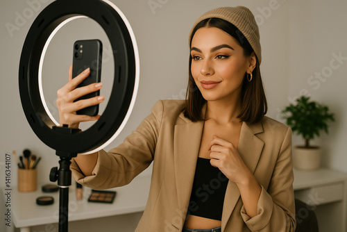 Jovem influenciadora gravando vídeo com ring light e smartphone em ambiente de maquiagem