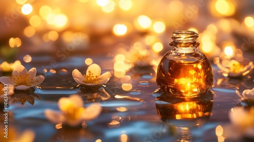 Aromatherapy oil essence with flower petals in warm light setting for relaxation and wellness