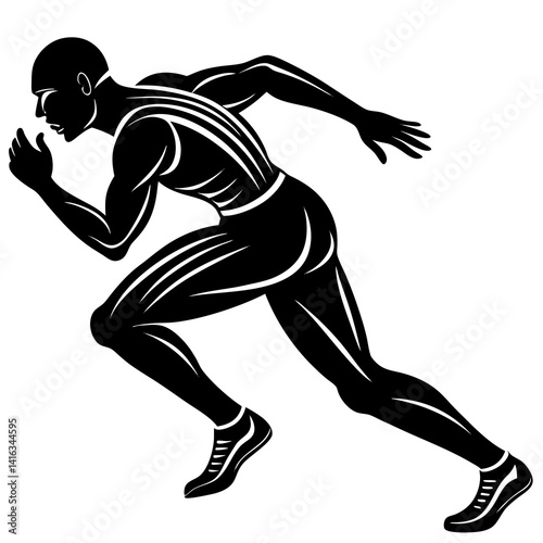 Line art vector silhouette of a sprinter in a fast running position, leaning forward with extended legs