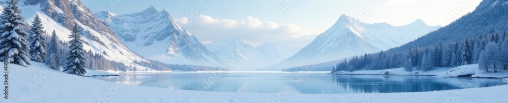 Snow-covered landscape with frozen lake and snow-capped mountains in the background, snow covered trees, frozen lake Snow-covered landscape with frozen lake and snow-capped mountains in the background, snow covered trees, frozen lake