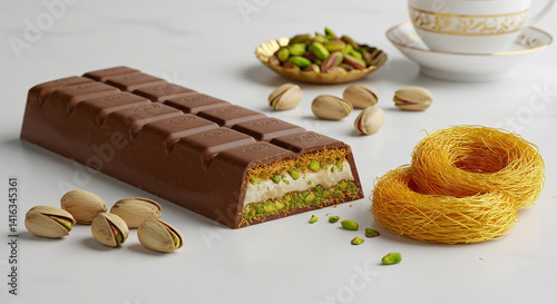 A chocolate bar filled with cream, pistachios, and a side of dessert and tea, perfect for enjoying.