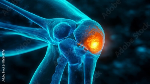 Knee joint anatomy visualization showing bone structure and injury with vibrant colors on a dark background 