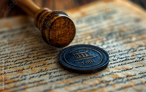 Close Up of Vintage Wooden Stamp on Ancient Document Wax Seal Old-World Legal or Historical Concept
