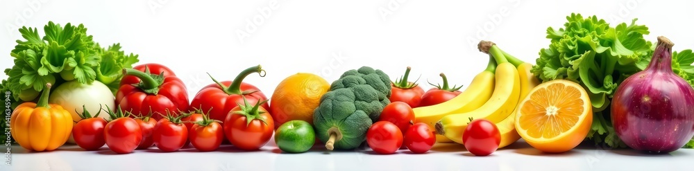 Assortment of different veggies and fruits on a minimalist white background, farm-to-table, grocery, vegetarian Assortment of different veggies and fruits on a minimalist white background, farm-to-table, grocery, vegetarian