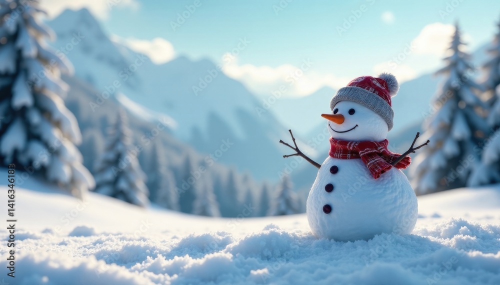 Obraz premium snowman in winter landscape with snow-covered hill, frozen landscape, snowman in winter