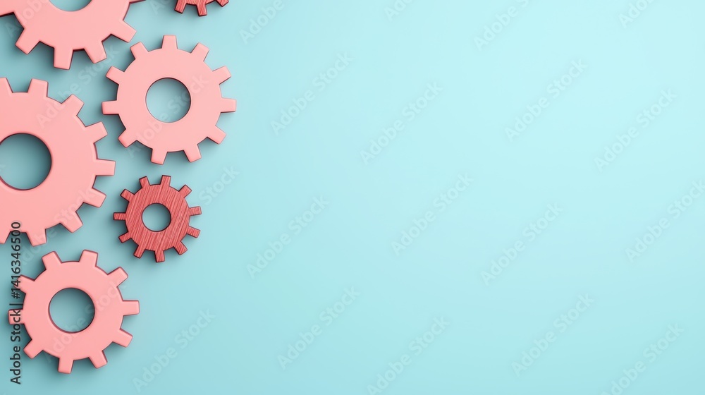 3D Pastel Cogwheels on Soft Blue Background for Creative Design Projects 3D Pastel Cogwheels on Soft Blue Background for Creative Design Projects