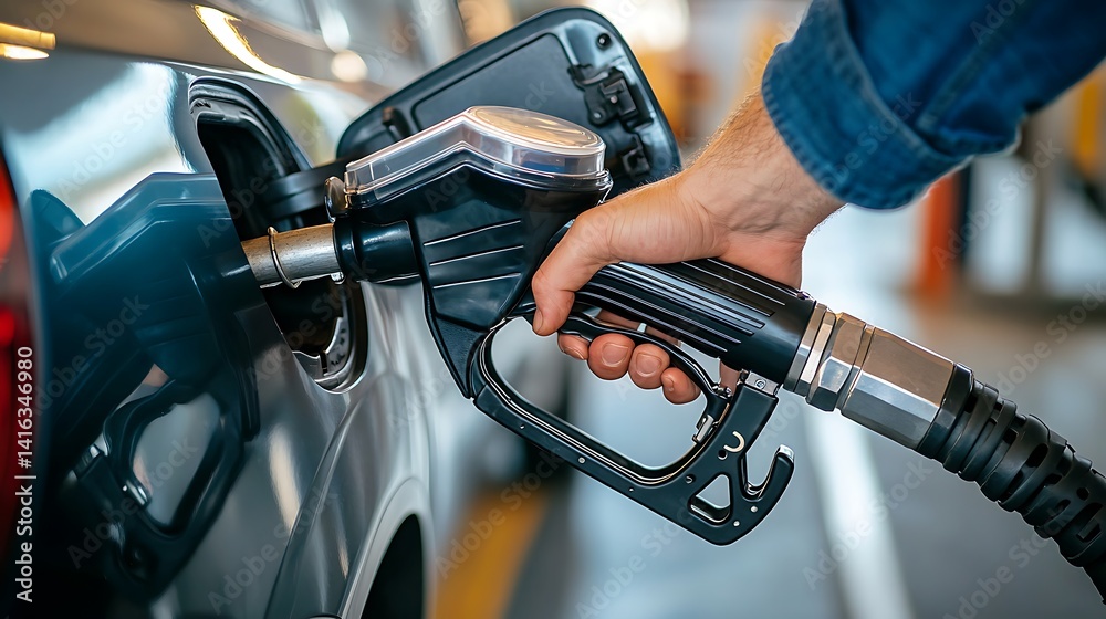 Refueling a Car: A Close-Up View of a Person Filling Up Their Vehicle with Gasoline at a Gas Station Refueling a Car: A Close-Up View of a Person Filling Up Their Vehicle with Gasoline at a Gas Station