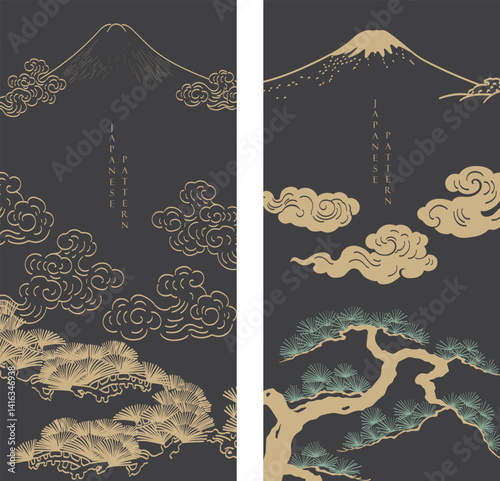 	
Japanese background with mountain, chinese cloud and bonsai tree pattern vector. Abstract template with geometric wave pattern. Cultue layout design in oriental style