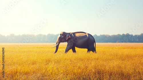 Majestic elephant gracefully traversing golden field at dawn wildlife spectacle nature wonder animal sanctuary exotic wildlife under clear sky photo