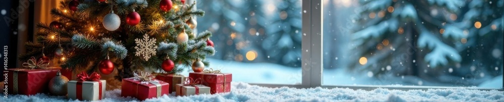 Snowy windowpane background with beautifully decorated Christmas tree and festive gifts, winter scene, cozy room, gifts Snowy windowpane background with beautifully decorated Christmas tree and festive gifts, winter scene, cozy room, gifts