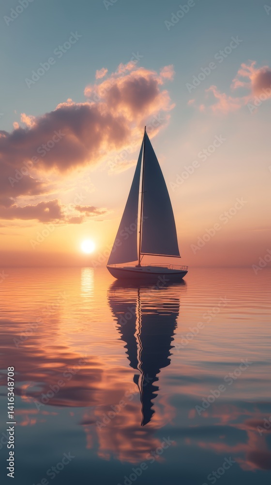 Fototapeta premium Sailboat on tranquil waters: sunset serenity with clean modern design perfect for relaxation travel and summer themes evoking calm and peaceful vibes