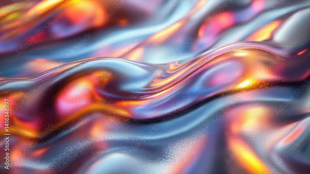 Iridescent, flowing metallic surface with vibrant orange and blue hues Iridescent, flowing metallic surface with vibrant orange and blue hues
