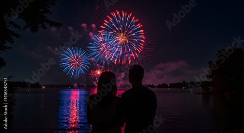 A couple watches fireworks over a lake at night with colorful reflections on the water surface below them