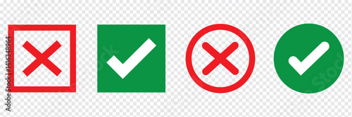 Green Tick Mark Icon. Green Right or Red wrong icons. Green tick and red cross checkmarks in circle flat icons. Yes or no symbol, 
